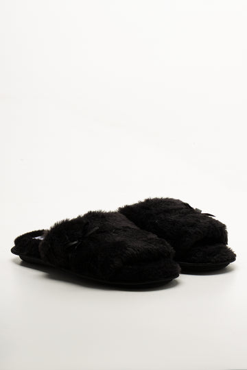 Satin Bow Slippers Black