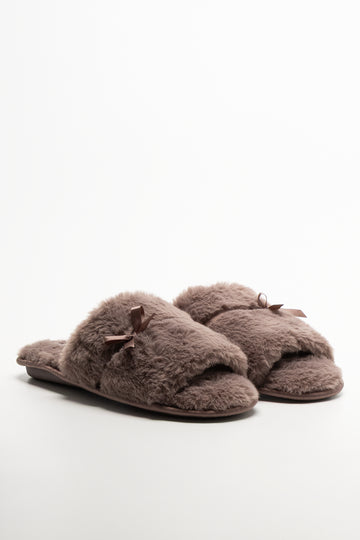 Satin Bow Slippers Mocha