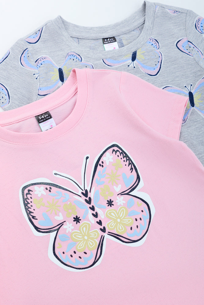 Pink And Grey 2 Pack Butterfly Short Sleeve T-Shirts (1)