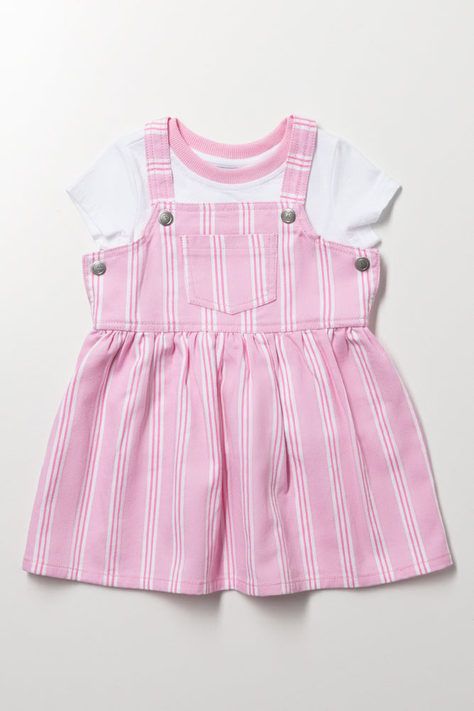 Pink Striped Pinafore Dress Set