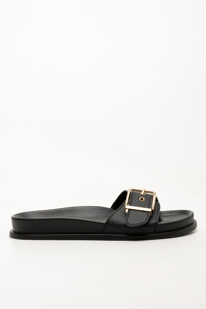 Black Buckle Strap Footbed Sandals (1)