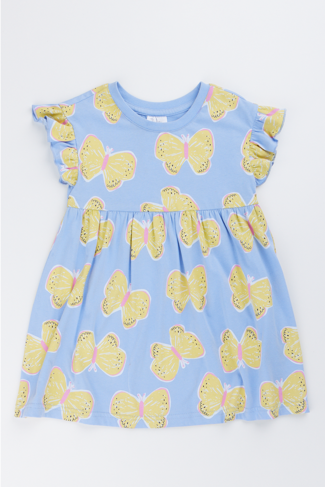 Blue Butterfly Print Flutter Dress