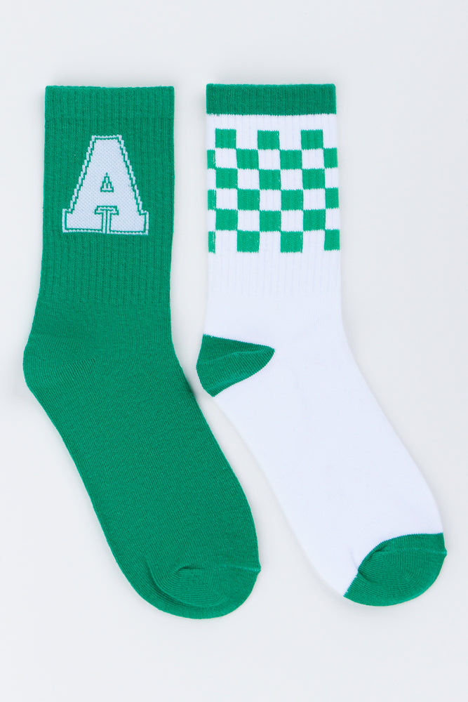 Green Collegiate Letter Checkered Socks