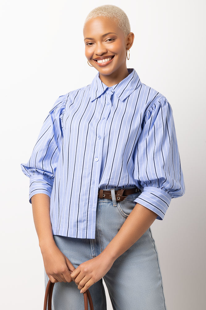 Blue Stripe Short Puff Sleeve Blouse