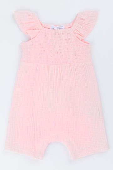 Pink Smocked Woven Baby Romper (1)