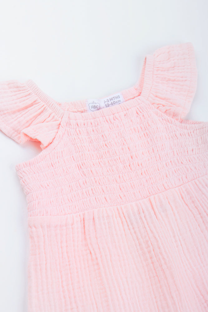 Pink Smocked Woven Baby Romper (2)