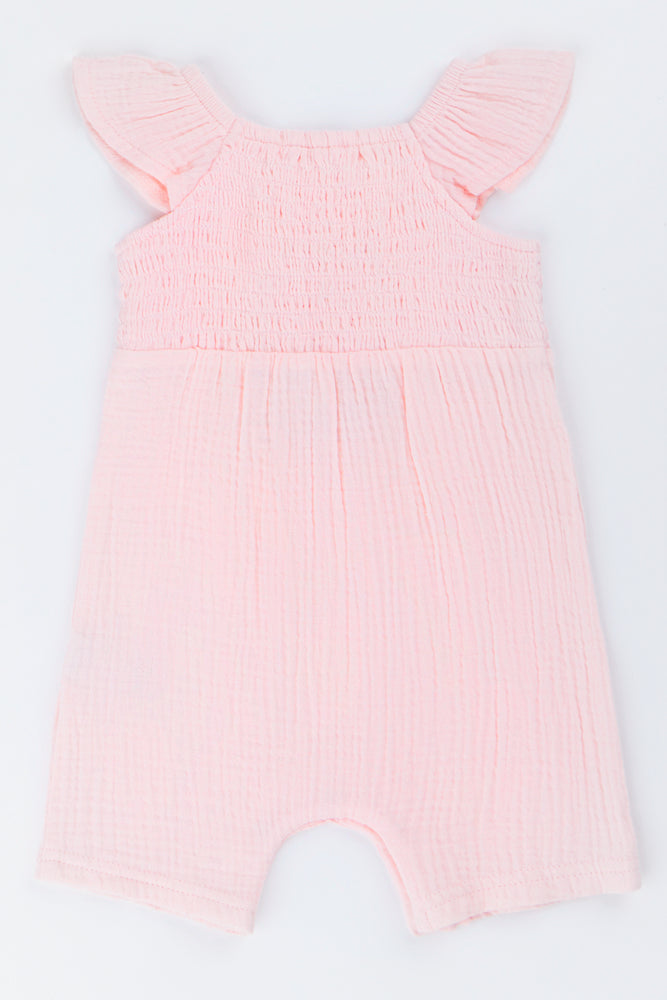 Pink Smocked Woven Baby Romper (3)