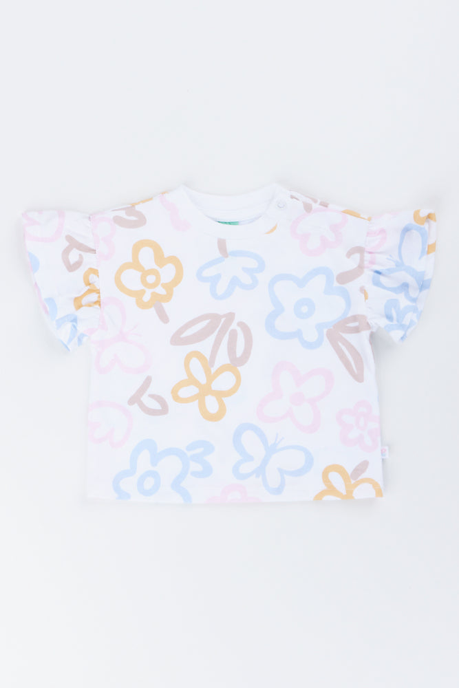 Cream Floral Frill Sleeve T-Shirt (1)