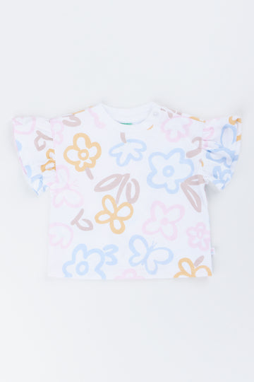 Cream Floral Frill Sleeve T-Shirt (1)
