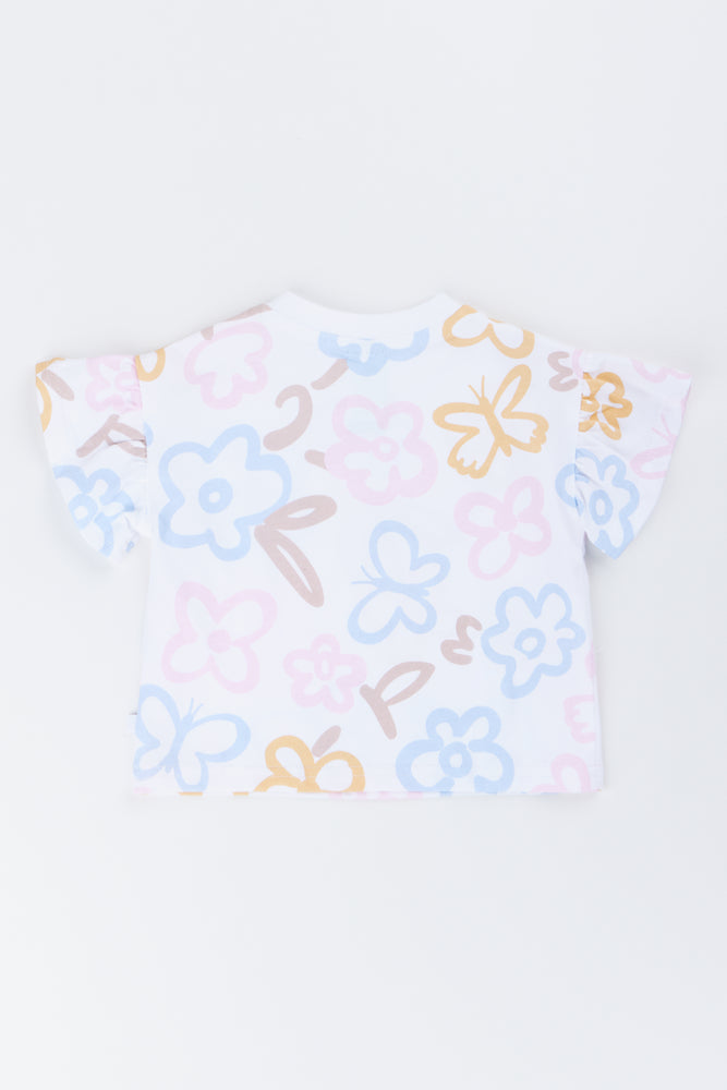 Cream Floral Frill Sleeve T-Shirt (3)