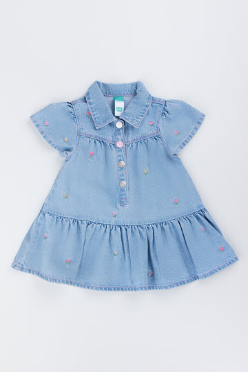 Floral Embroidered Denim Tiered Dress