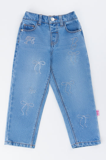Embroidered Bow Detail Denim Pants