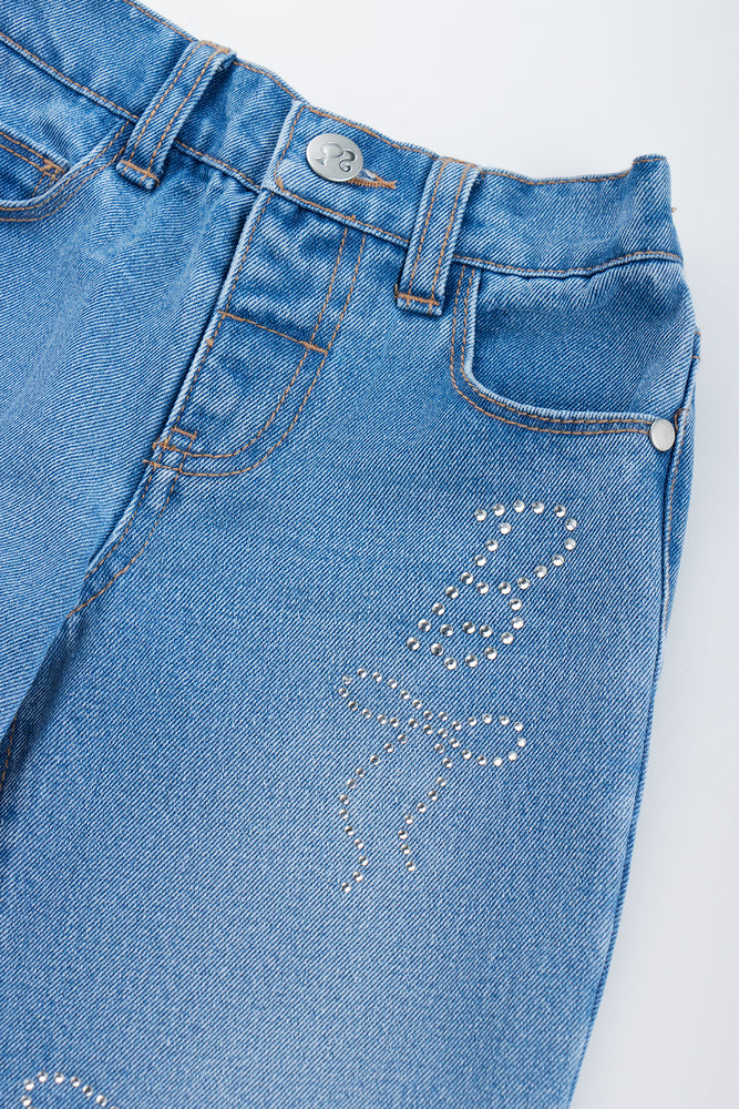Embroidered Bow Detail Denim Pants (1)