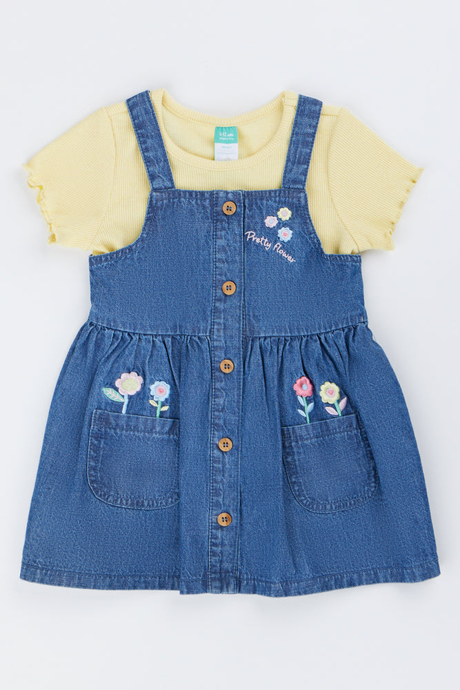 Floral Denim Pinafore Dress Set