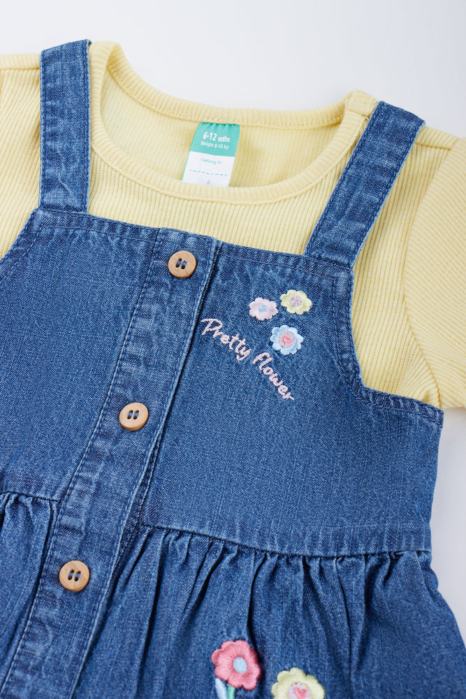 Floral Denim Pinafore Dress Set (1)