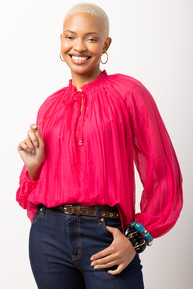 Hot Pink Crinkle Long-Sleeve Blouse