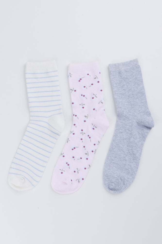 3 Pack Floral Crew Socks