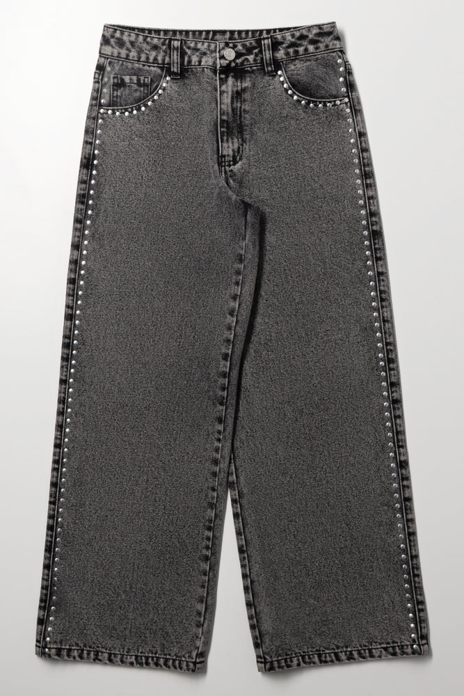 Grey Studded Wide Leg Jeans