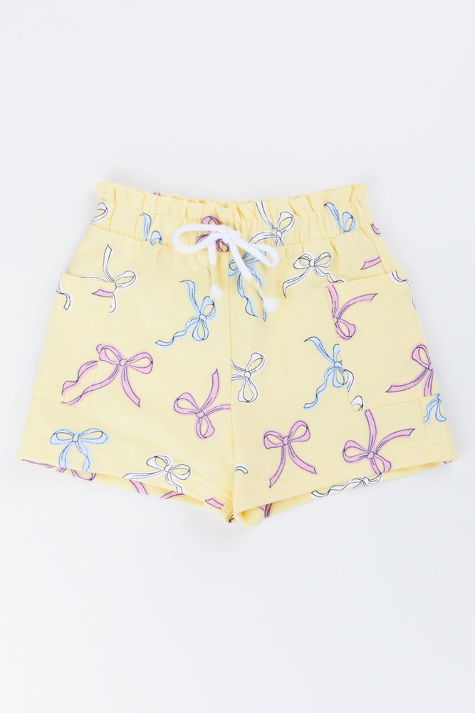 Yellow Bow Print Fleece Shorts