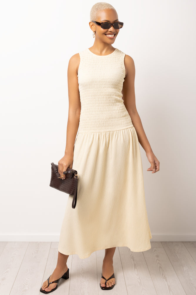 Shirred Drop Waist Midi Dress