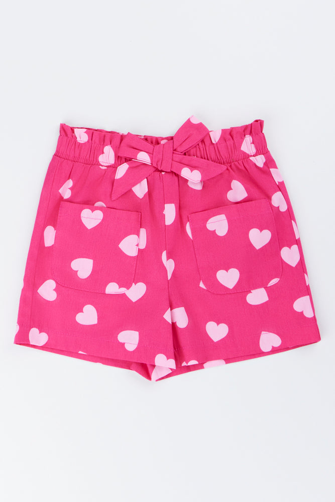Pink Heart Print Woven Shorts