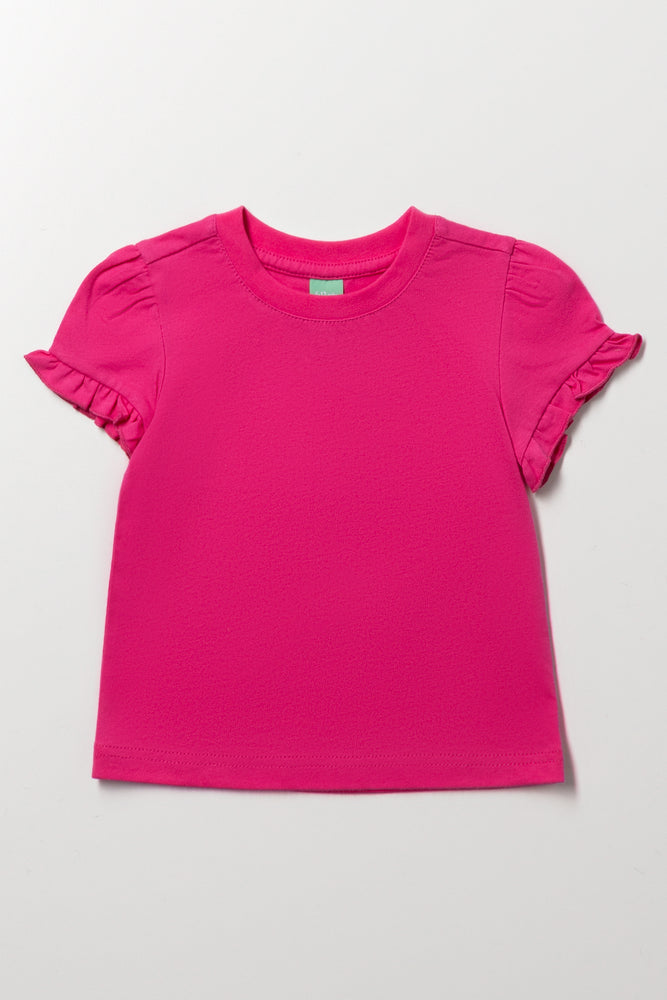 Fuchsia Frill Sleeve Basic T-Shirt