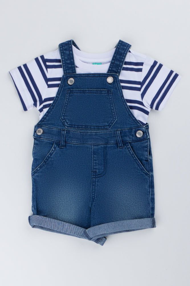 Navy Denim Dungaree Striped Set