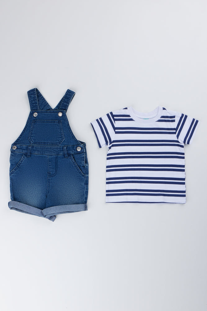 Navy Denim Dungaree Striped Set (2)