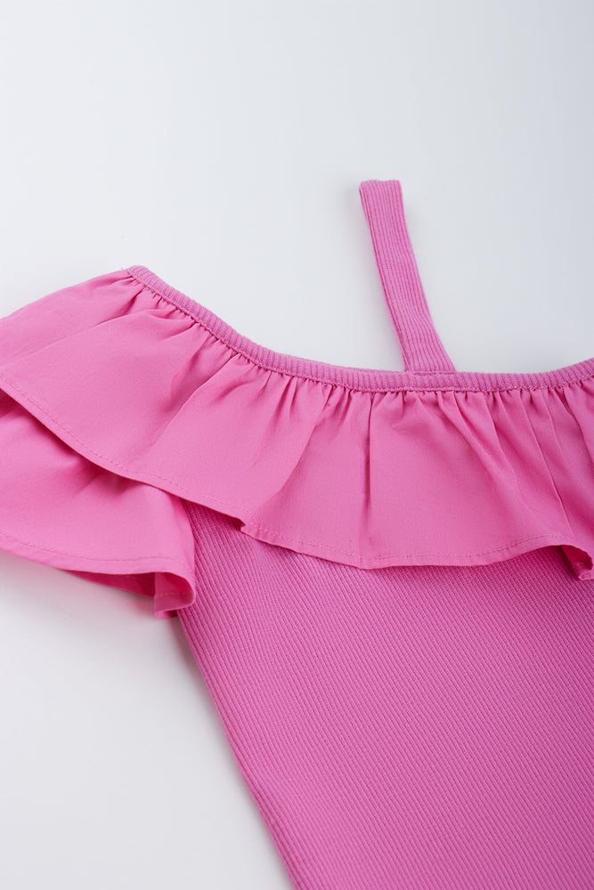 Pink Ribbed One Shoulder Frill Top (1)
