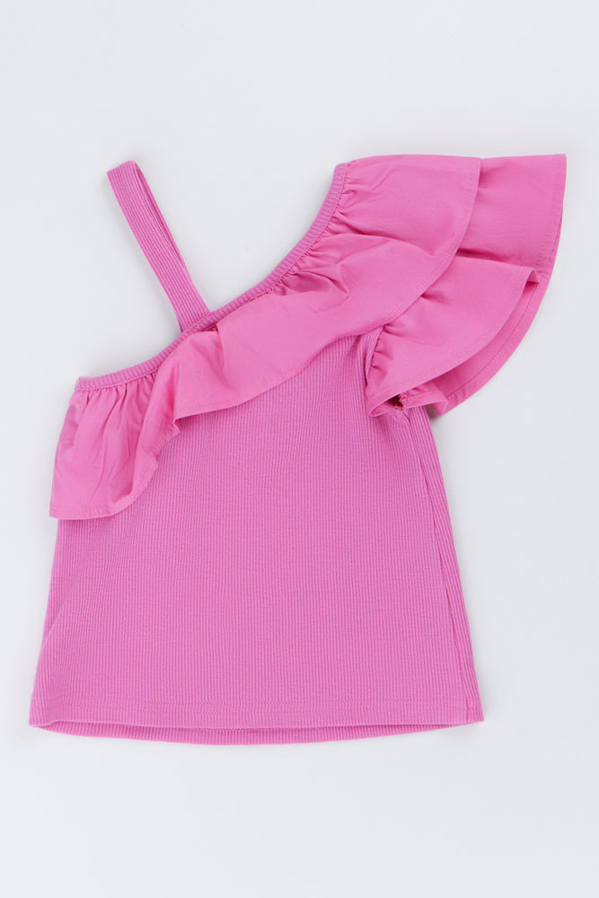 Pink Ribbed One Shoulder Frill Top (2)
