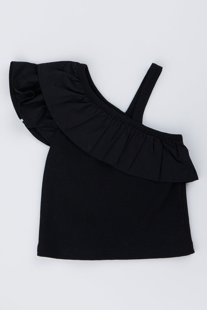 Black Ribbed One Shoulder Frill Top
