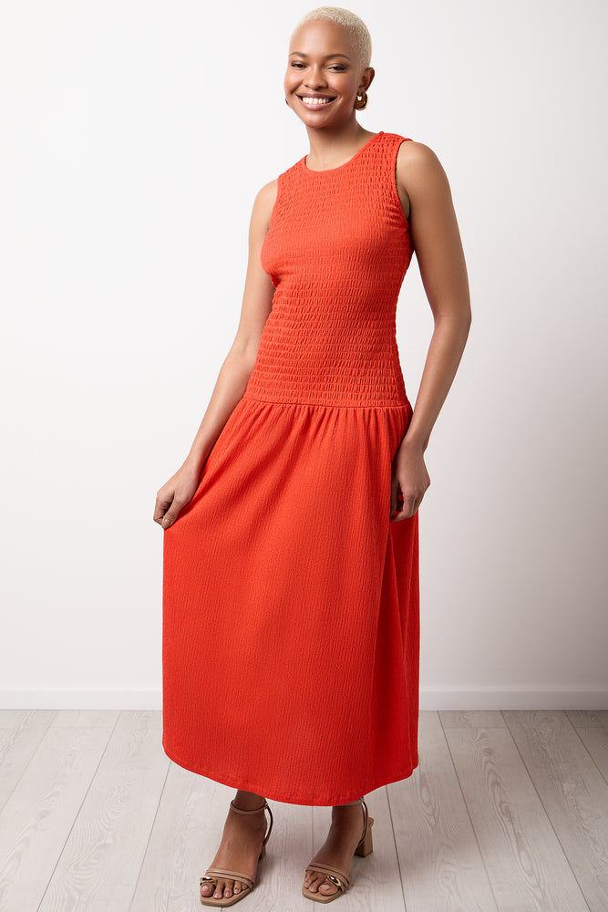 Orange Shirred Drop Waist Midi Dress