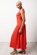 Orange Shirred Drop Waist Midi Dress (1)