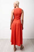 Orange Shirred Drop Waist Midi Dress (2)