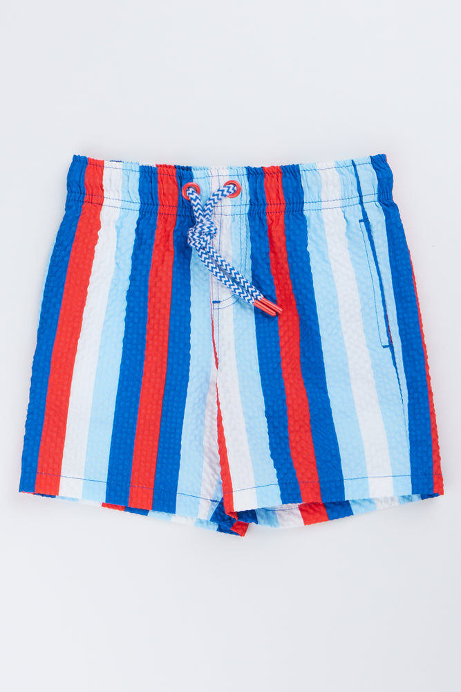 Red & Blue Striped Swim Shorts