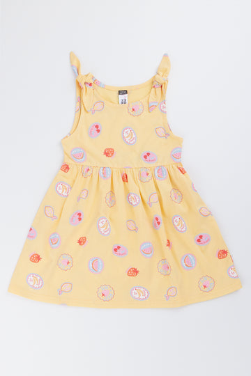 Yellow Fruit Print Shoulder Dress