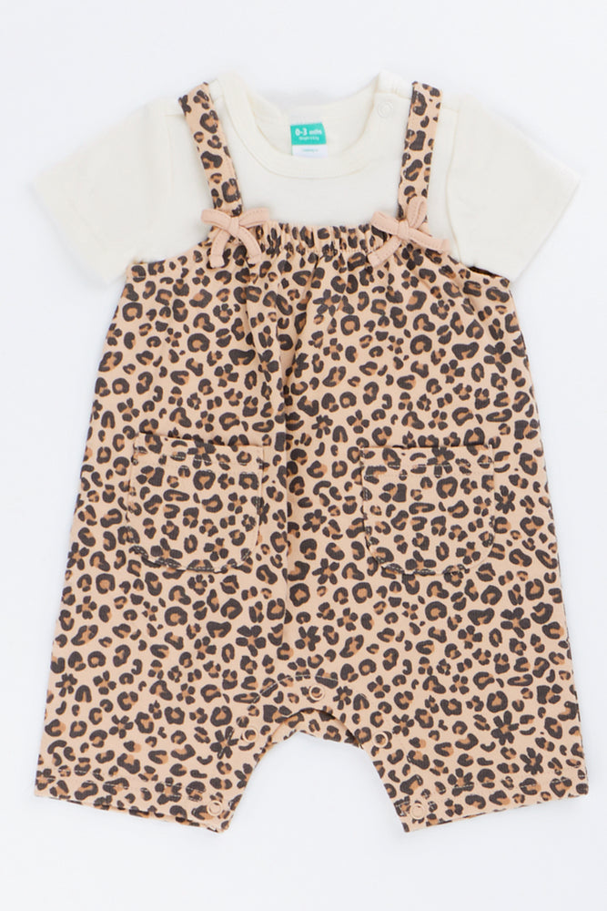 White Leopard Print Dungaree Set