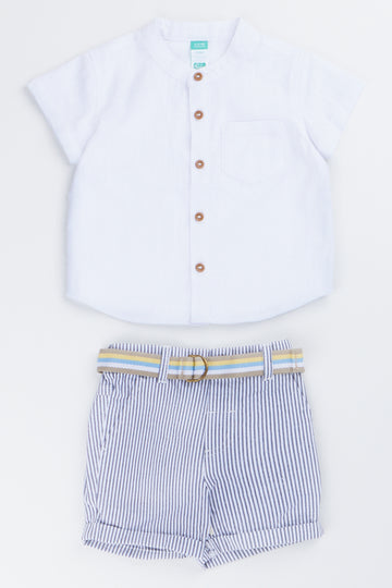White Shirt & Striped Short Set