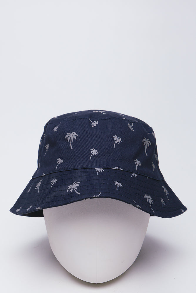 Navy Palm Print Bucket Hat