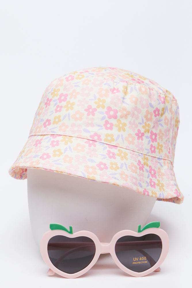 Yellow Floral Bucket Hat Sunglasses Set