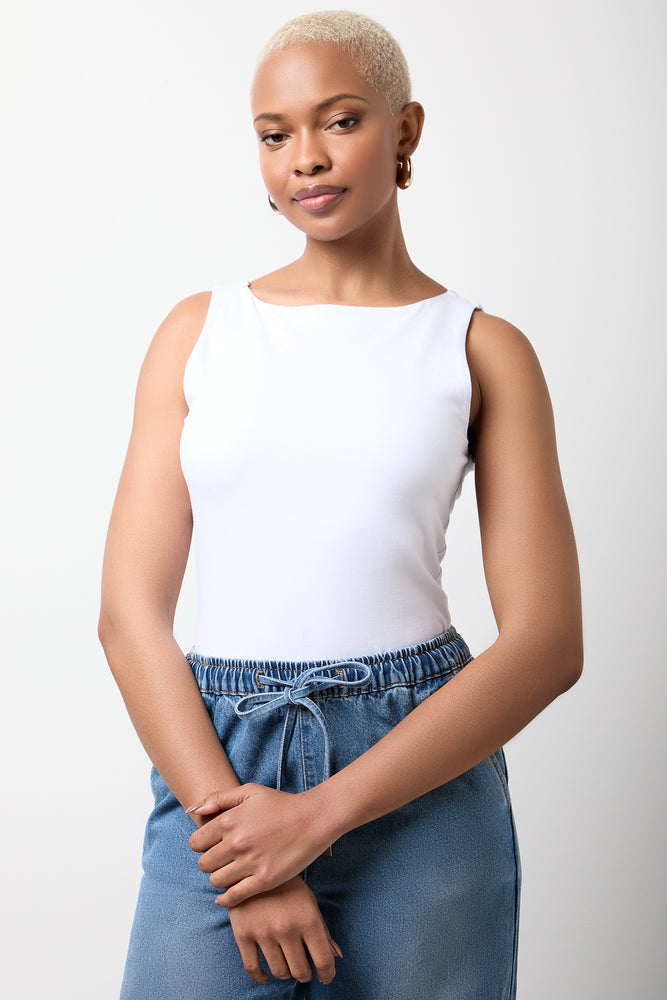 White Sleeveless Boatneck Double Layer Vest