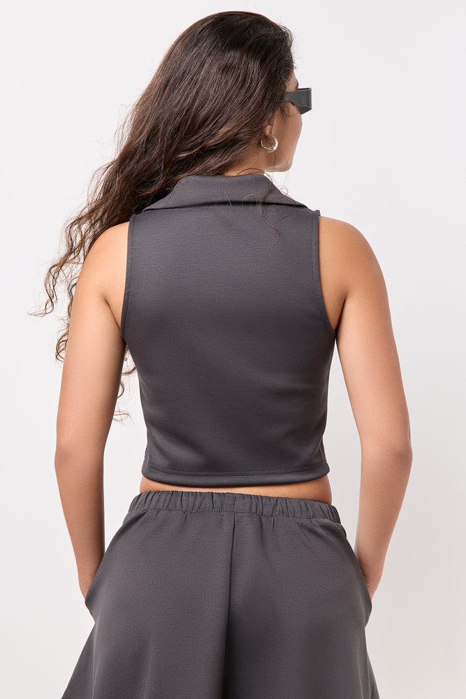 Charcoal Sleeveless Collared Zip Top (2)