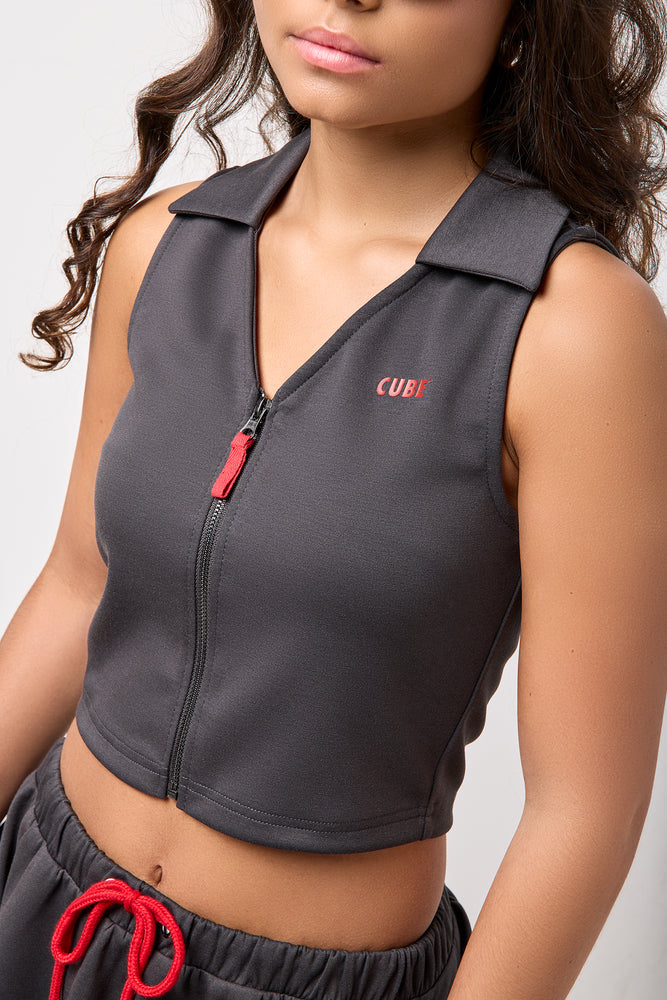Charcoal Sleeveless Collared Zip Top (3)