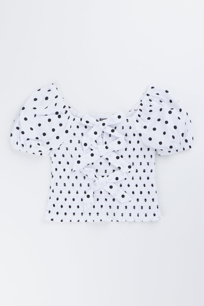 Polka Dot Shirred Bow Top
