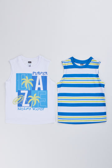 2 Pack White & Stripe Sleeveless Vest