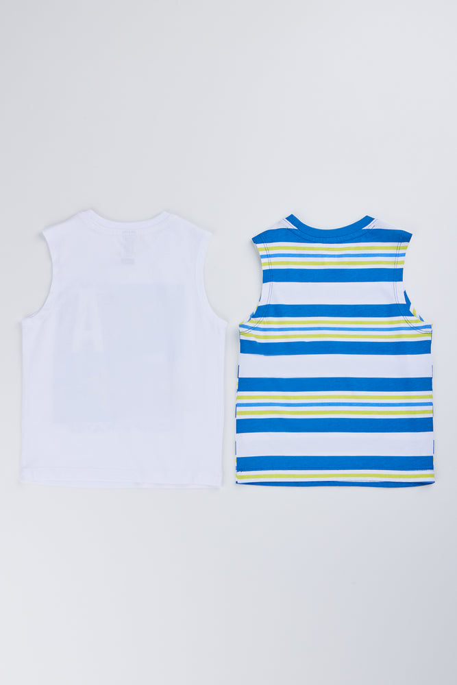 2 Pack White & Stripe Sleeveless Vest (2)