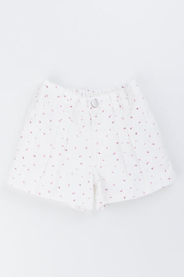 White Floral Pleated Denim Shorts