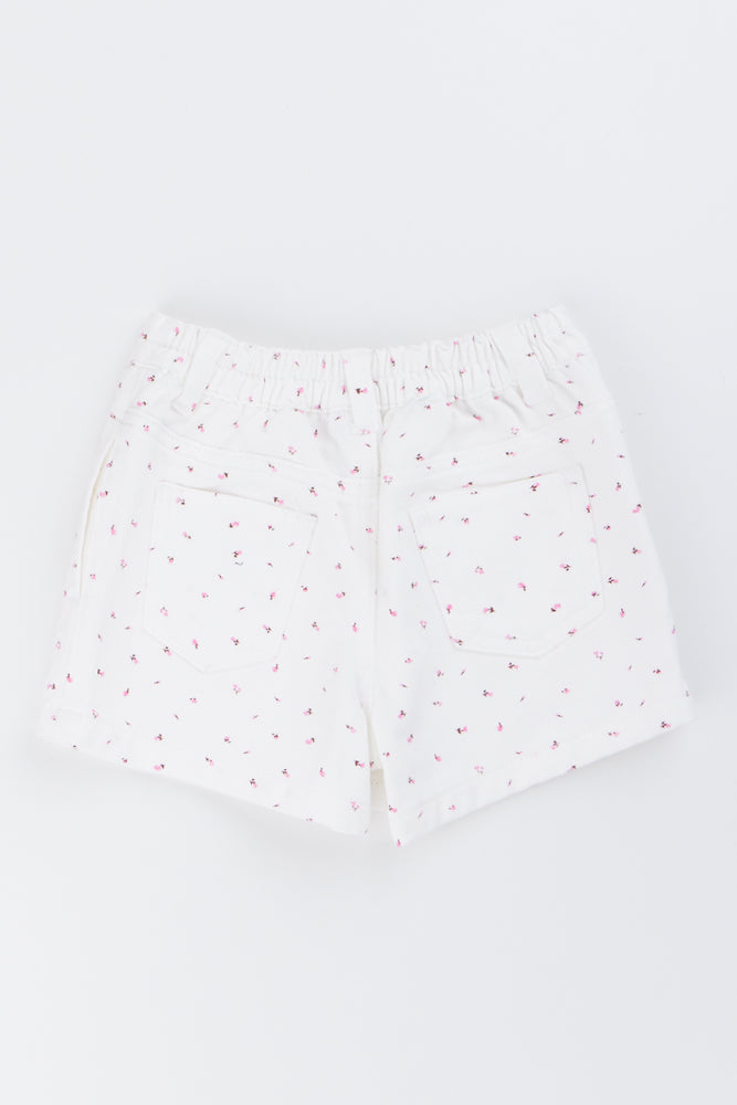 White Floral Pleated Denim Shorts (2)