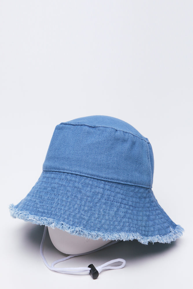 Blue Denim Frayed Bucket Hat