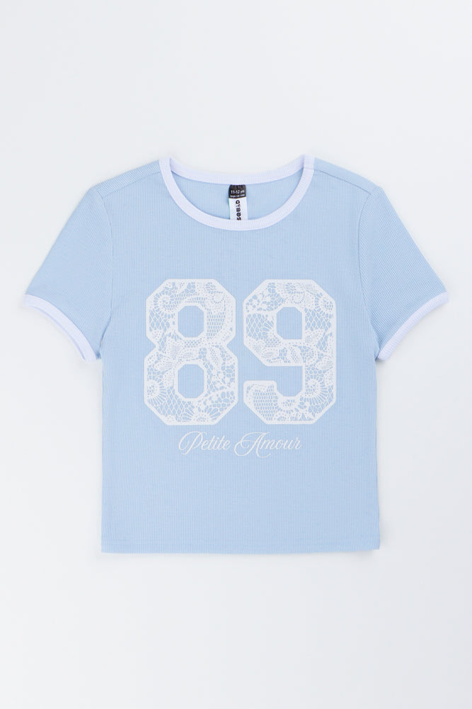 Blue Lace Number Print T-Shirt